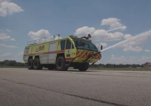 Fire truck at the airport spraying water