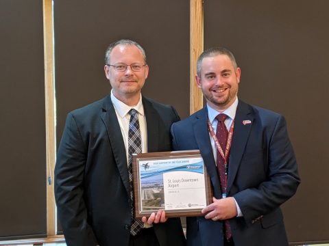Erick Dahl, Director of St. Louis Downtown Airport (KCPS), accepts the 2020 Reliever Airport of the Year Award from Clayton Stambaugh, MPA, Deputy Director of Aeronautics for the Illinois Department of Transportation.