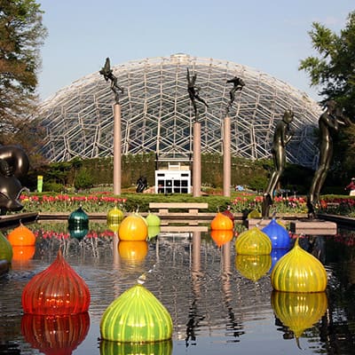Missouri Botanical Gardens view over pond with Climatron geodesic dome in background