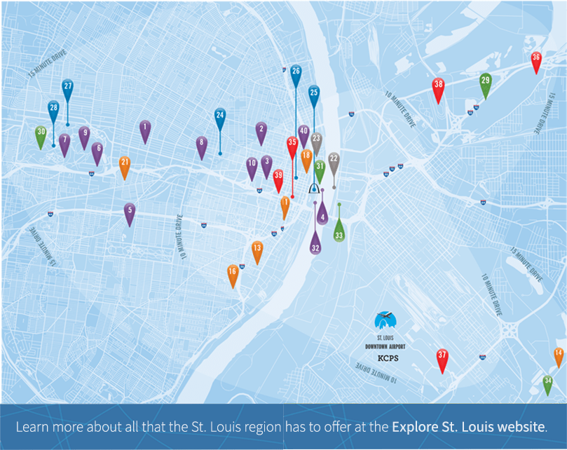 Map illustration with markers for 30 unforgettable attractions and experiences within a 15-minute radius of The St. Louis Downtown Airport.