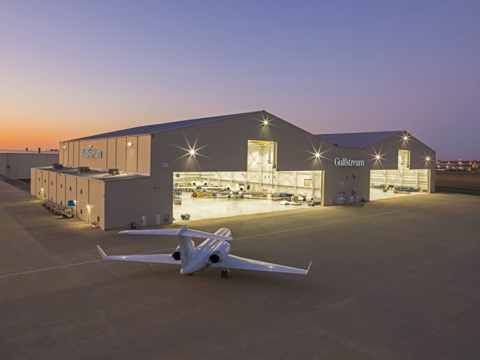 A plane taxiing into a hanger at St. Louis Downtown Airport.