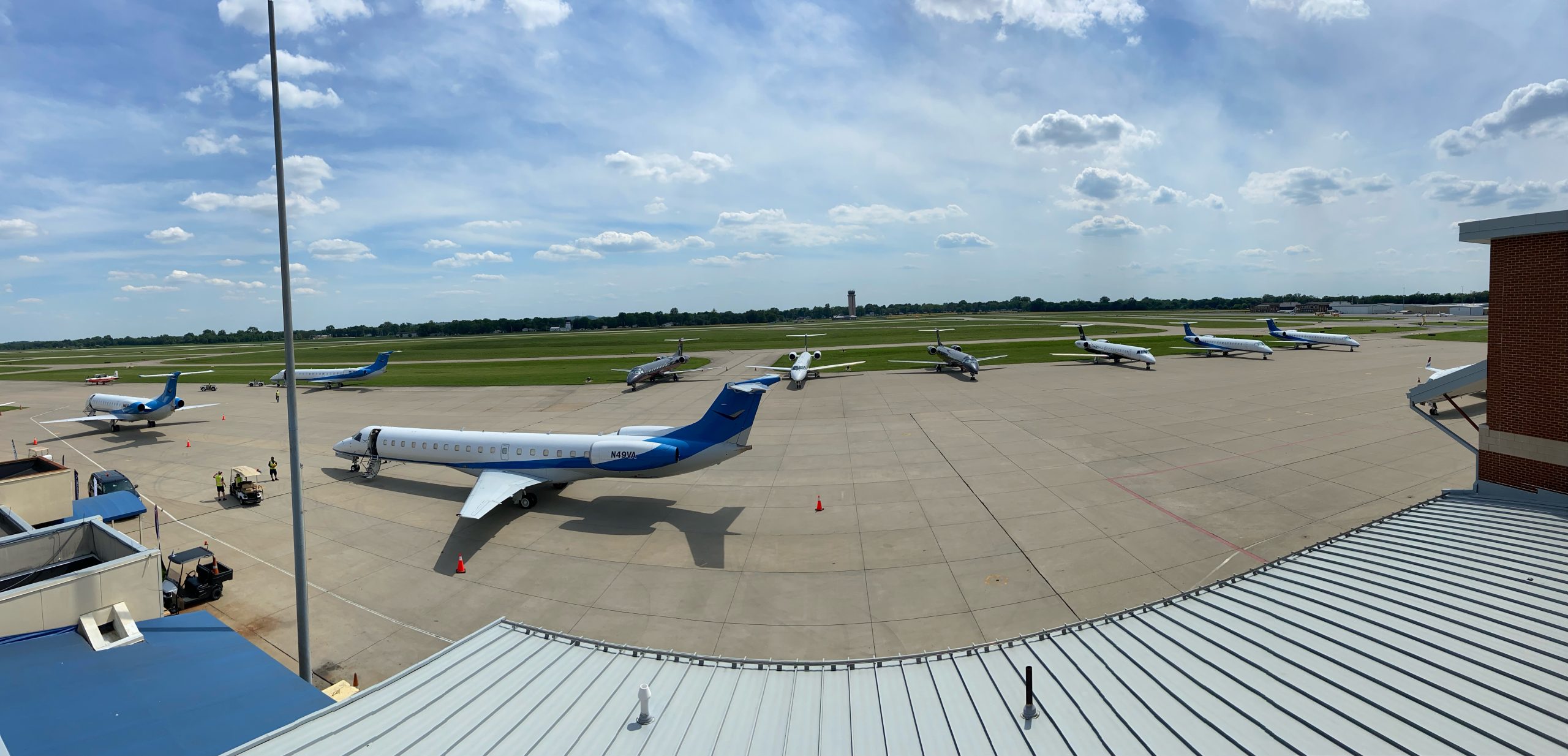 Panoramic photo of planes parked at the St. Louis Downtown Airport.