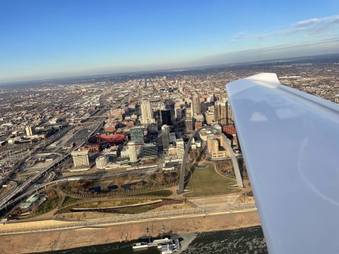 Photo of downtown St. Louis skyline taken from the window of plane