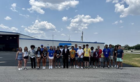 Posed group photo of young people who were Aviation Summer Campers at St. Louis Downtown Airport