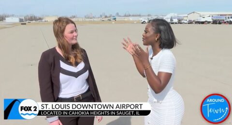 Photo of Airport Director Sandra Shore talking to Britney from KTVI Fox 2 on the tarmac at St. Louis Downtown Airport